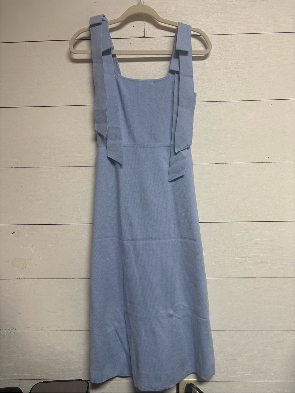 ZESICA Dusty Blue Knit Midi Dress Bow Straps Square Neck Size S NWT